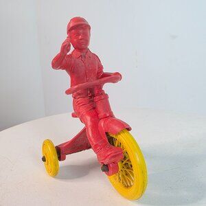 1950s Auburn Vinyl Rubber Boy On Trike Tricycle Red With Yellow Wheels